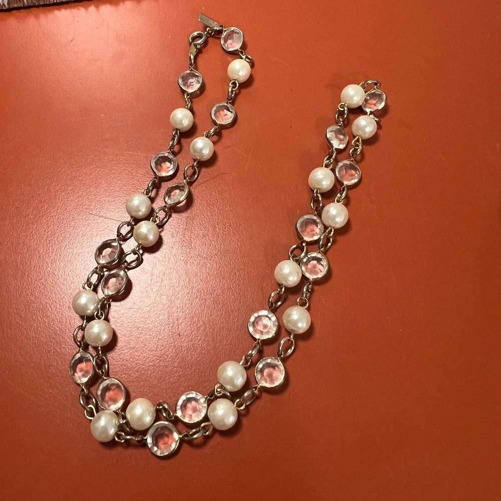 Vintage Two Sisters Bezeled Long Crystal Faux Pearl  Necklace 24" - Picture 2 of 4